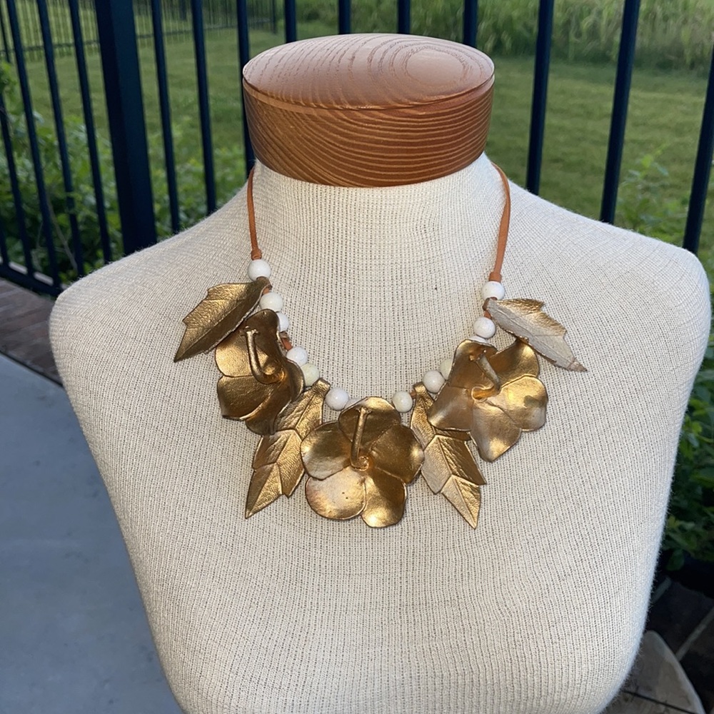 Gold Leather & Leaf Flower Necklace